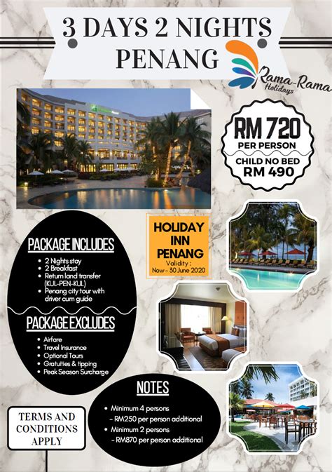 Includes *2 nights accommodation *daily breakfast *1 x lunch at local restaurant *1 x lunch at hotel/resort *1 x dinner at hotel *1 x bbq dinner at hotel. 3 Days 2 Nights Penang