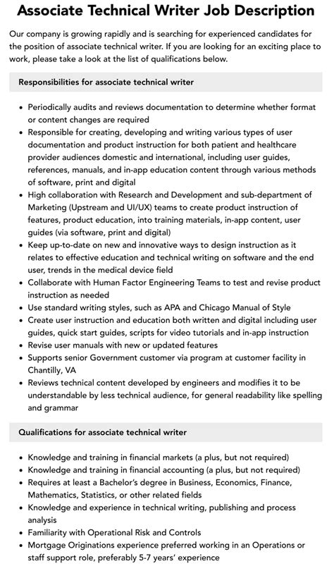Associate Technical Writer Job Description Velvet Jobs