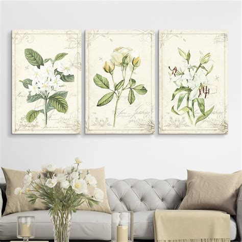 Wall26 3 Panel Canvas Wall Art Vintage Style White Flowers Giclee