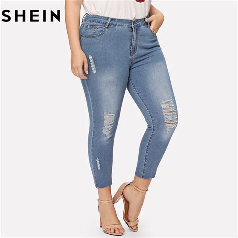 Shein Blue Ripped Plus Size Skinny Casual Women Jeans Autumn New