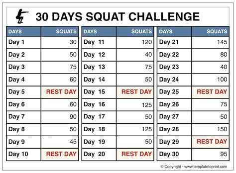 30 Day Squat Challenge Printable Chart
