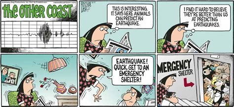 Cartoon showing cross section through subduction zone before an earthquake (above) and during an earthquake (below). earthquake - Raeside Cartoons