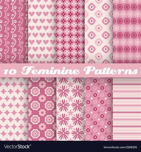10 Feminine Seamless Patterns Tiling Fond Pink Vector Image