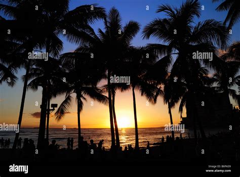 Sunset At Waikiki Beach Stock Photo Alamy