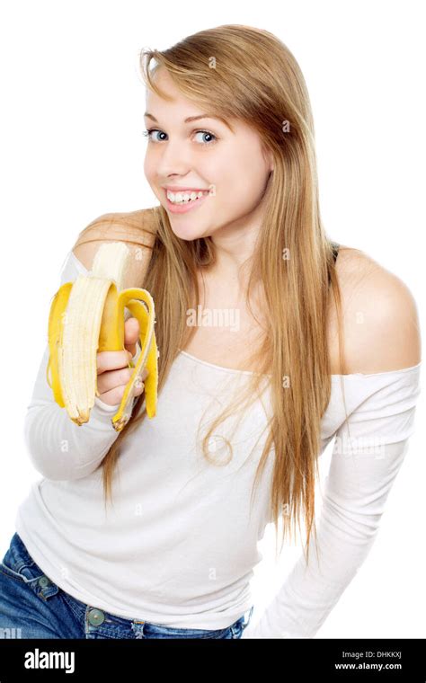 Playful Woman Holding Banana Stock Photo Alamy
