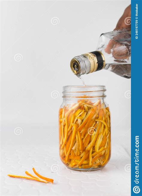 Making Orange Extract Orange Peel In A Glass Jar Stock Image Image