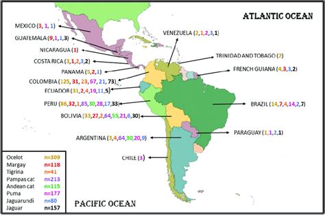 Map Of Latin America Where Specimens Of Eight Species Of Wild Cats Were