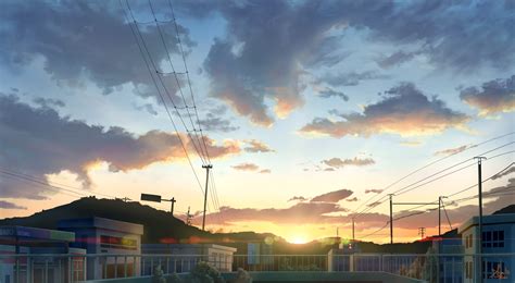 Download 1600x2560 Anime Landscape Mountais Clouds Sunset Buildings