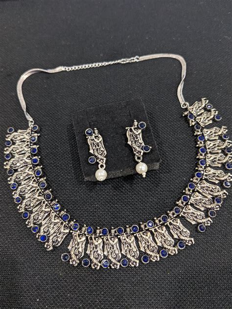 Oxidized Silver Lord Krishna Charm Choker Necklace And Earring Set