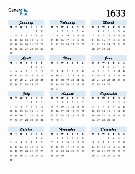 Free Downloadable Calendar For Year 1633