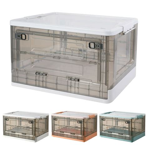 52l Collapsible Storage Bin Clear Plastic Box Container With Lid Wheel White