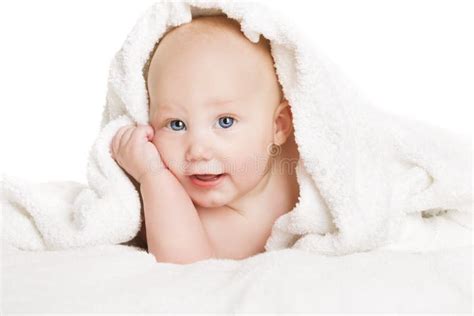 Baby Covered With White Towel Happy Kid Boy Under Blanket Stock Image