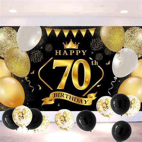 Buy Happy 70th Birthday Decoration Backdrop Banner Black Gold Extra