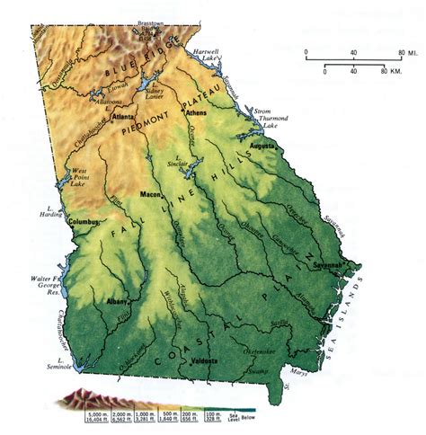 Physical Map Of Georgia Shows Elevations Plateaus Rivers Lakes Images