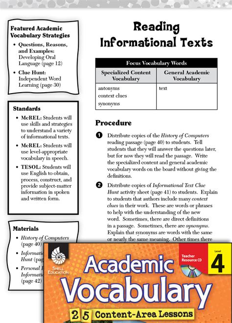 Reading Informational Texts Academic Vocabulary Level 4 Teachers