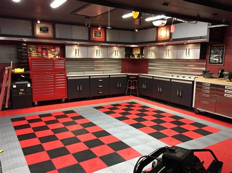 photo from garage decor and designs. Dan's Black and Red Checkered Tile Garage Floor