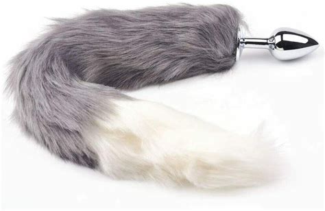 Metal Anal Butt Plug Furry Grey Cat Tail