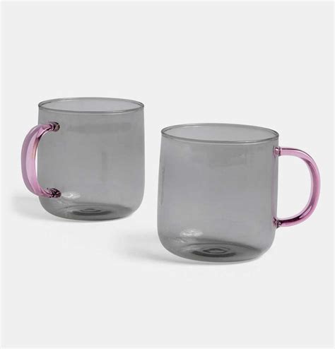 Hay Borosilicate Mug Set Of 2 Light Grey With Pink Handle Huh Store