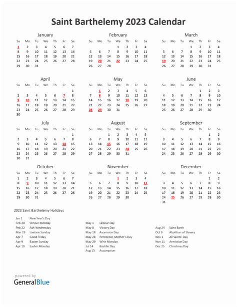 2023 Yearly Calendar Printable With Saint Barthelemy Holidays