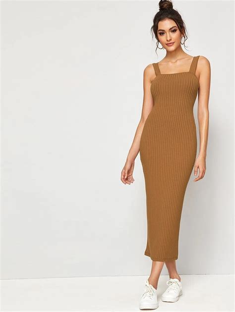 Split Hem Rib Knit Form Fitted Tank Dress Shein Uk Midi Dress Casual Elegant Summer Dresses