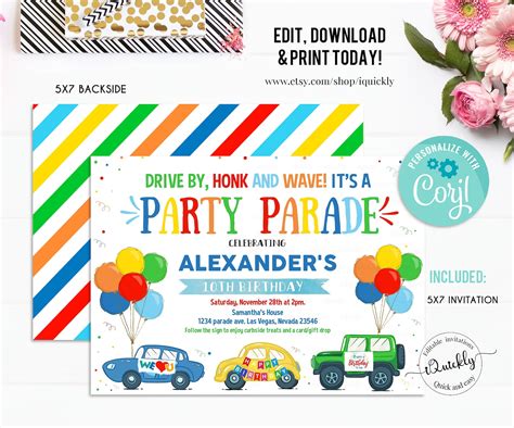 Editable Drive By Birthday Parade Invitation Drive Through Etsy
