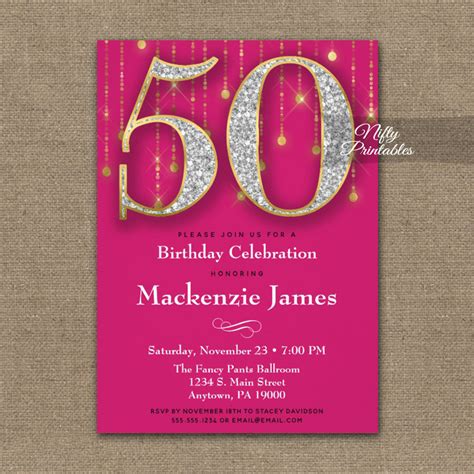 50th birthday invitations pink gold diamonds adult printed nifty printables