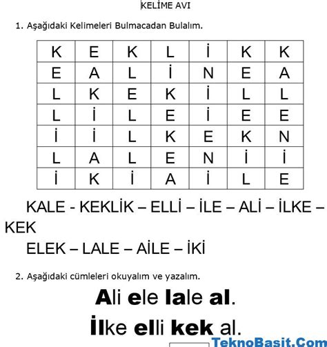 1. Sınıf İlkokuma 1. Grup Harfler Elaki Sesleri Kelime Avı Etkinliği