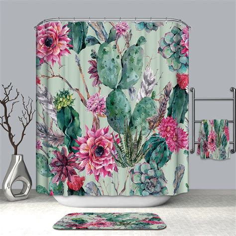 Cactus With Bloom Flower Painting Shower Curtain Bathroom
