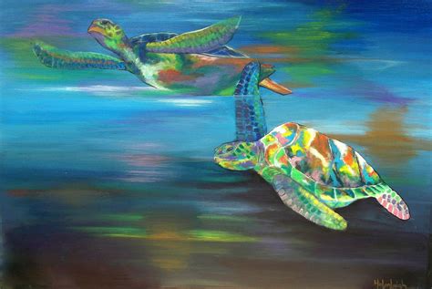 Sea Turtles By Helen Leigh Abstract Expressionist Drip Painting