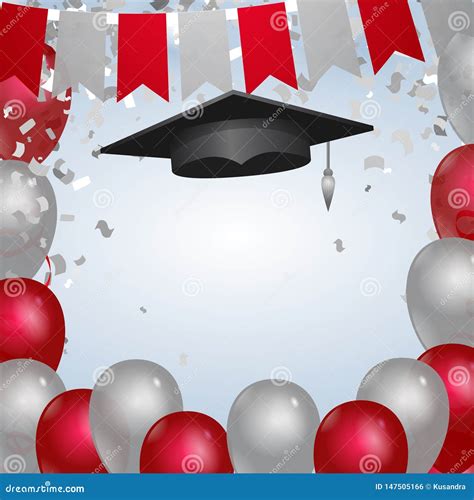 Red And Silver Graduation Template With Cap And Balloons Stock Vector