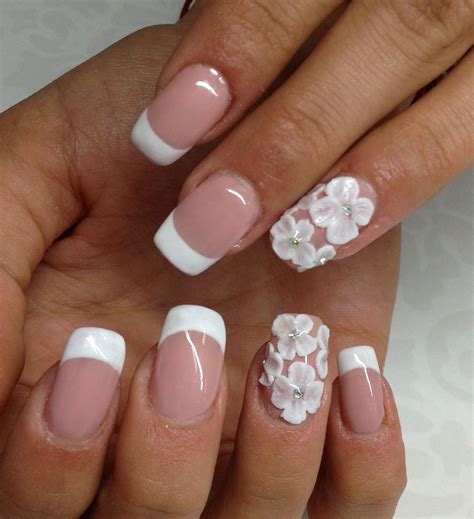 French Manicure With 3d Flowers By Tanya Angelova Short Acrylic Nails