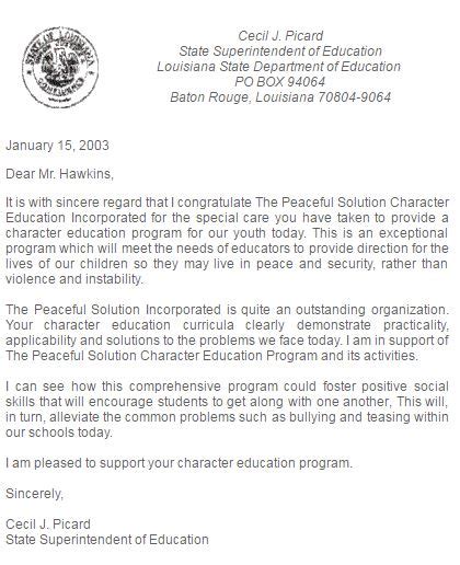 Louisiana State Dept Of Education The Peaceful Solution Character