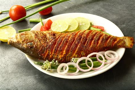 Delicious Spicy Grilled Fish With Salads Healthy Diet Concepts Stock