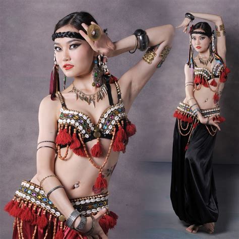 Professional Tribal Belly Dance Costumes Set 3pcs Bra Belt Pants Gypsy Outfit Women Belly Dance
