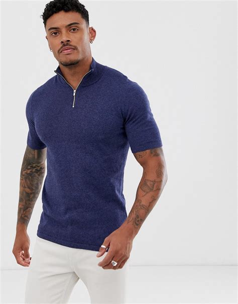 Asos Cotton Knitted Half Zip T Shirt In Navy Blue For Men Lyst