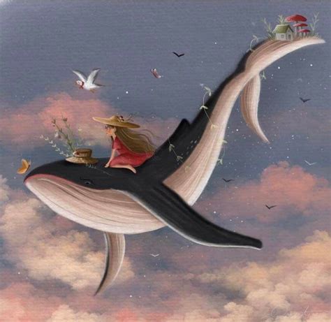 A Painting Of A Woman Riding On The Back Of A Whale With Birds Flying