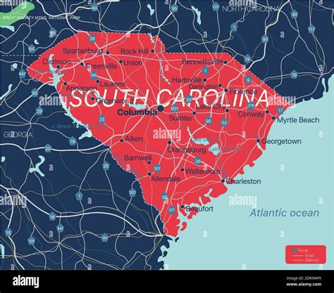 South Carolina State Detailed Editable Map With Cities And Towns