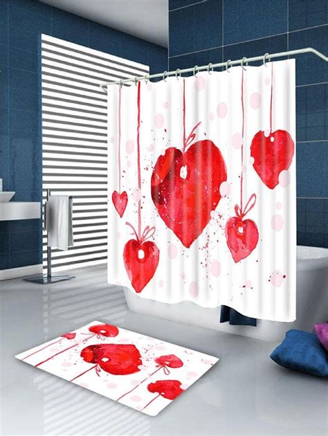 Valentines Day Heart Cherry Waterproof Shower Curtain Red Curtains