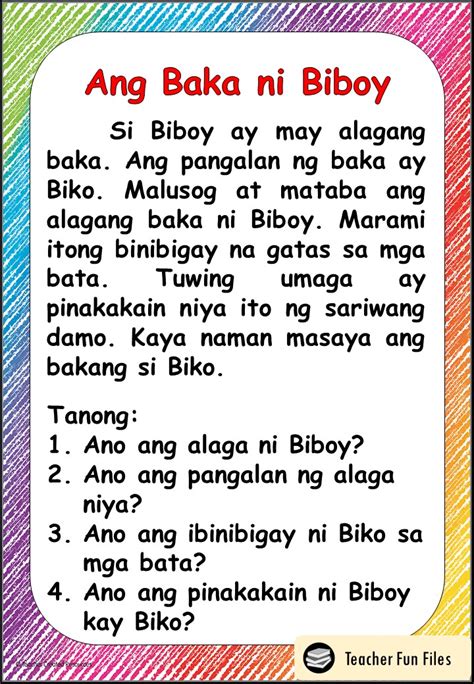 Pagbasa Filipino Reading Comprehension Worksheets For