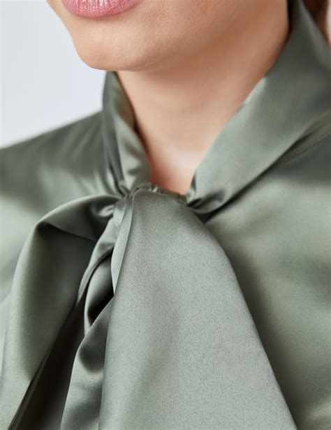 Satin Womens Fitted Blouse With Single Cuff And Pussy Bow In Olive Hawes And Curtis Usa
