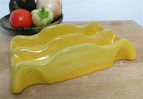 Back when we first wrote about the taco tender, a piece of earthenware taco holder part of the expression serveware collection dishwasher safe white. Frankoma Ceramic Taco Holder Mustard Yellow by MinniesFlea ...