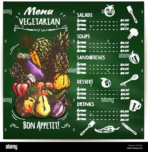 Modèle de conception de menu de restaurant végétarien avec des légumes esquissés des fruits et