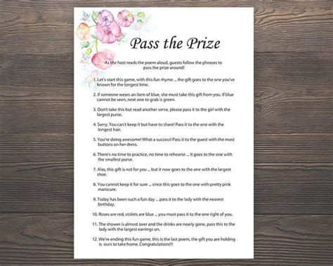 You won't have to number the presents, as these cards have pictures of baby items likely to be in the gift pile, such as a teddy bear the baby picture game is an excellent icebreaker for showers where all the guests might not. Pass the Prize Baby Shower Games Girl Baby Shower Rhyme