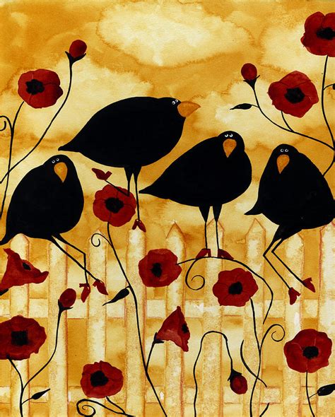 Hubbs Art Folk Prints Crow Blackbirds Birds Floral Flowers