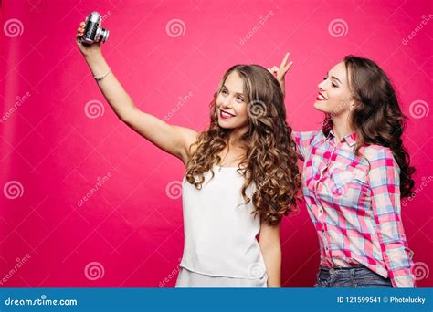 Beautiful Friends With Long Wavy Hair Making Funny Selfie With Film Camera Stock Image Image