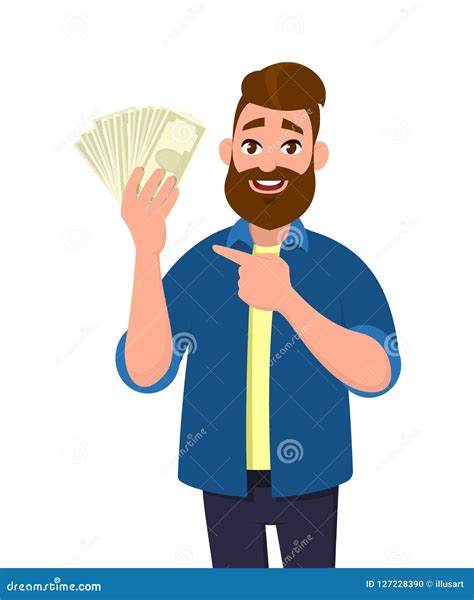 Happy Young Man Holding Cashmoneybanknotes And Pointing His Index