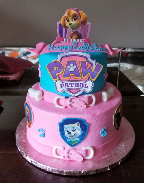 Paw Patrol Cake For A Girl Pink And Blue Featuring Skye And Everest In