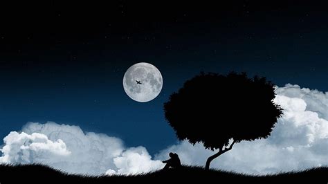 Hd Wallpaper Alone Sad Lone Tree Full Moon Sky Cloud Silhouette