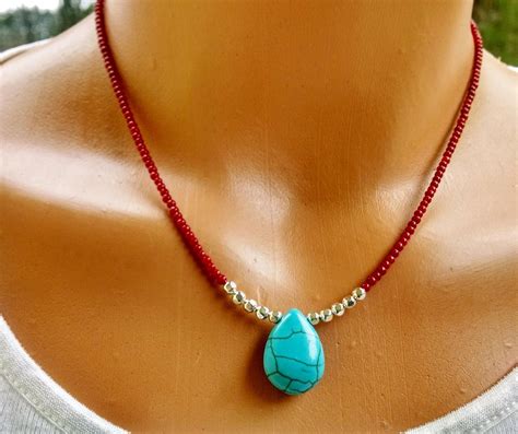 Red Coral And Turquoise Necklace Turquoise Pendant Coral Etsy Red