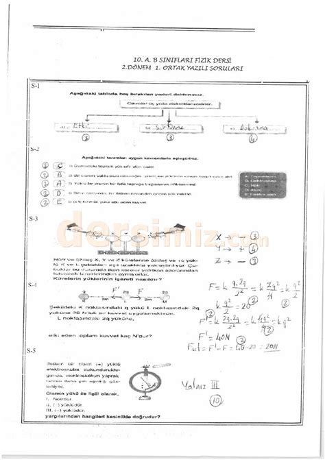 10.Sınıf fizik dersi 2.dönem 1.yazılı sınav soruları ve cevapları